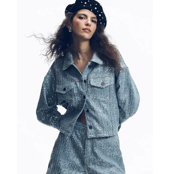 NWT Anthropologie Flat White Sequin Denim Jacket - Size Large - Picture 1 of 8